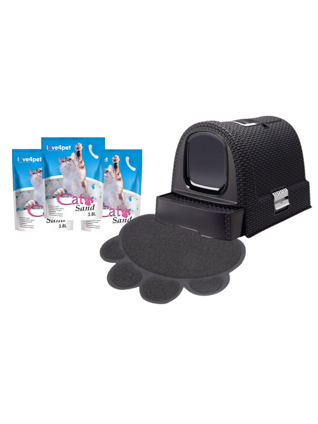 CURVER toaleta dla kota 51x38,5x40cm grafitowa + Żwirek Silikonowy dla Kota Cat Sand 3,8l + KERBL Dywanik pod kuwetę, 47 x 40 cm