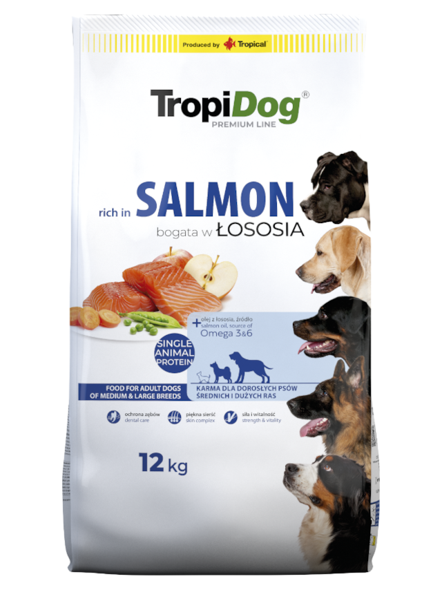 TROPIDOG Premium Adult medium & large breeds bogaty w łososia i ryż 12kg