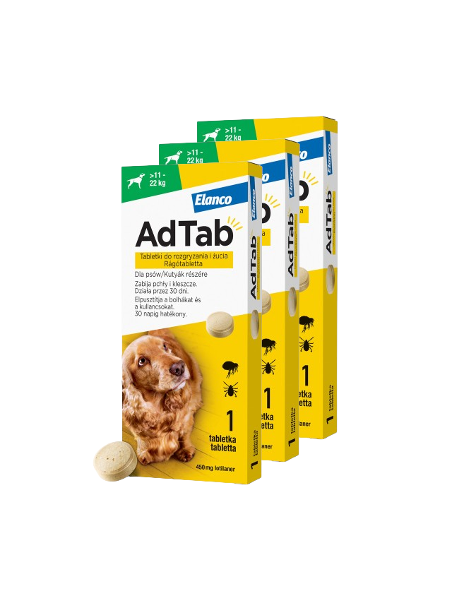 ELANCO 3xAdTab 450mg tabletki na pchły i kleszcze dla psów >11 - 22 kg