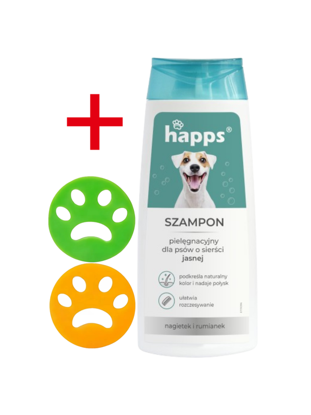 HAPPS - szampon pielęgnacyjny dla psów o sierści jasnej 200ml + 2x Czyścik do usuwania sierści - łapka GRATIS!!