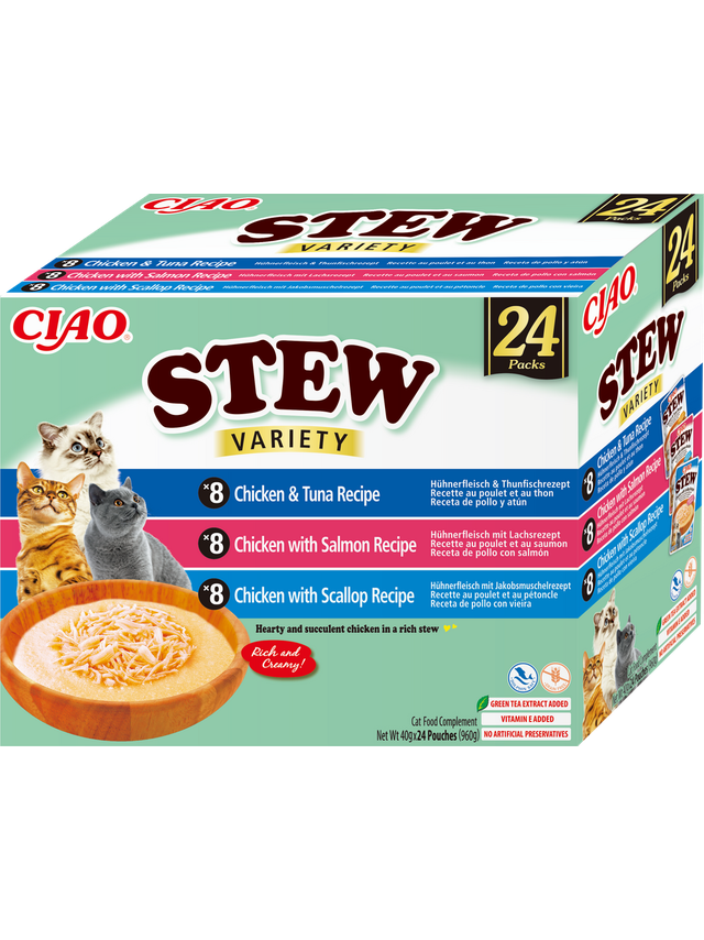 INABA Cat Ciao Stew - karma uzupełniająca dla kota o smaku kurczaka, tuńczyka, łososia i przegrzebek 24x40g