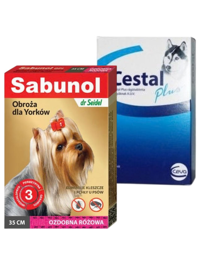 Sabunol ozdobna różowa obroża przeciw pchłom i kleszczom dla psa 35 cm+ Cestal Dog Plus tabletki na odrobaczanie psów 2 sztuki