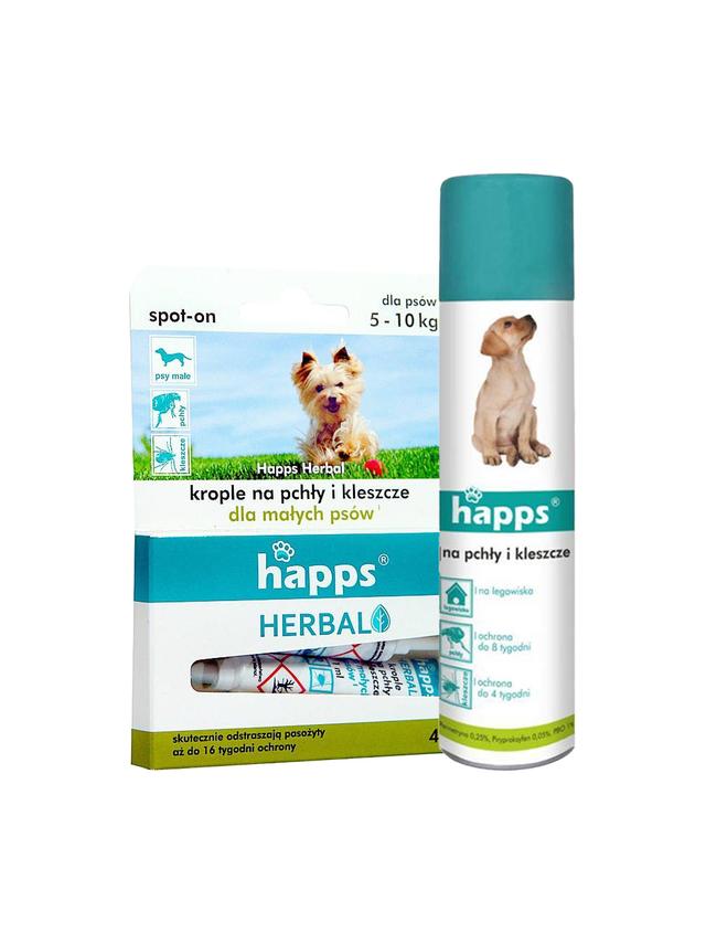 HAPPS Herbal - krople na pchły i kleszcze dla małych psów 5-10kg + HAPPS -Aerozol na pchły i kleszcze 250ml