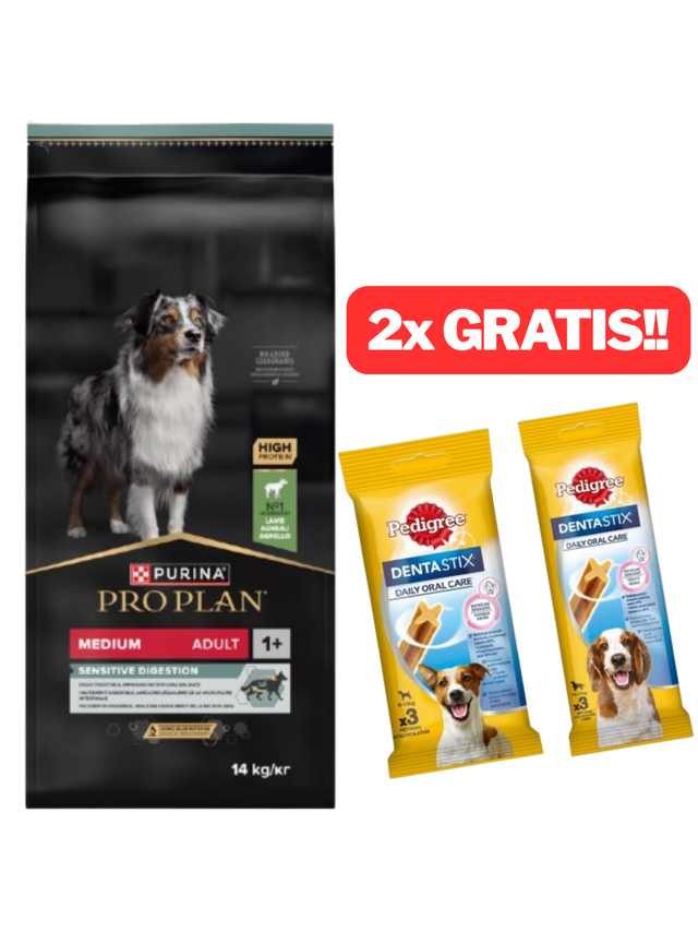 PRO PLAN Sensitive Digestion Medium Adult Karma dla psów bogata w jagnięcinę 14kg + 2x DentaStix GRATIS!!