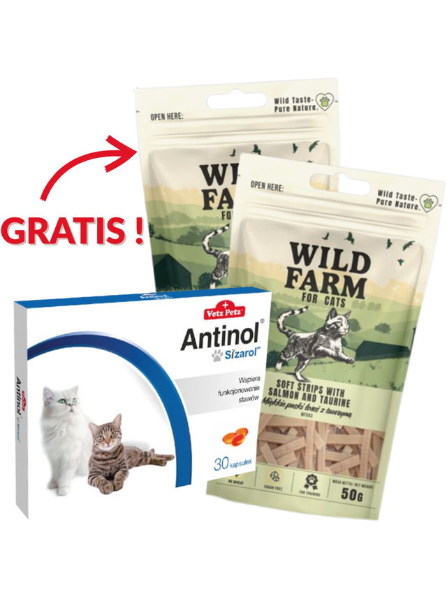 BIOVICO ANTINOL SIZAROL KOT 30 tabletek NA STAWY+ GRATIS WILD FARM miękkie paski łosoś z tauryną 2x50g!
