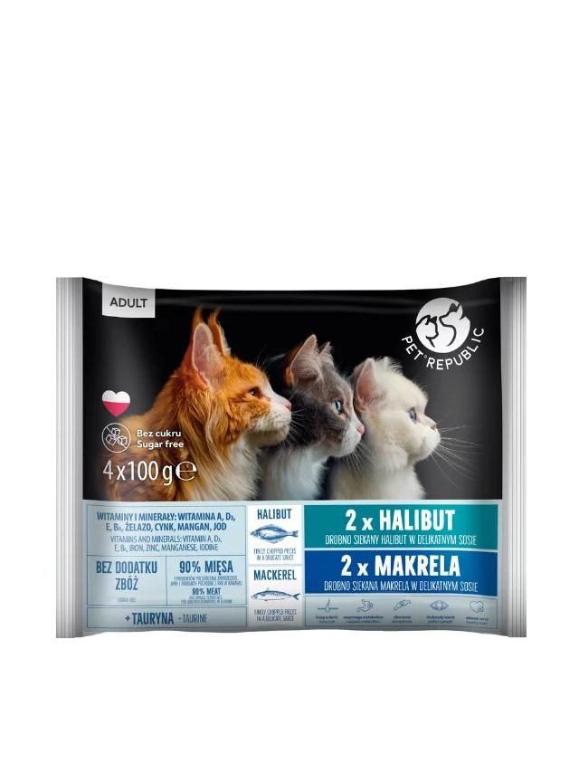 PetRepublic Flow Pack karma mokra dla kota saszetki halibut i makrela 4x100g