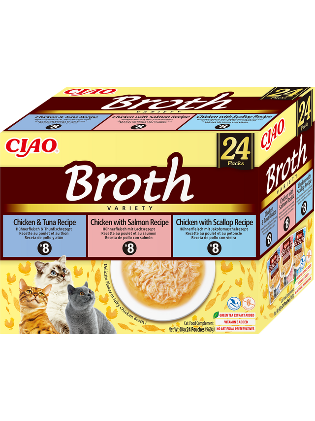 INABA Ciao Broth - karma uzupełniająca dla kota bulion o smaku kurczaka, łososia, tuńczyka i przegrzebek 24x40g