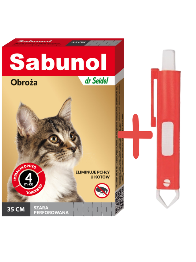 Sabunol szara obroża przeciw pchłom  dla kota 35 cm+ TRIXIE Szczypce do usuwania kleszczy 9cm