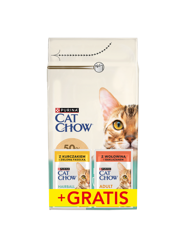 PURINA Cat Chow Hairball Karma bogata w kurczaka 1,5kg + 2 saszetki GRATIS