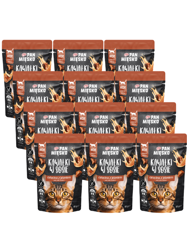 PAN MIĘSKO Kawałki w sosie Cielęcina z jeleniem 12x85g dla kota