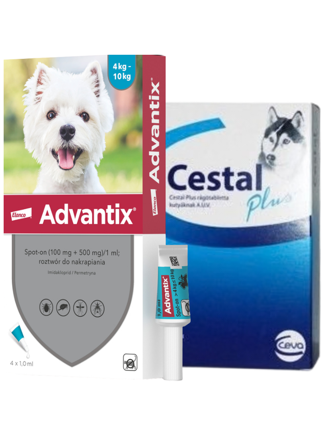 Advantix - dla psów 4-10kg (4 pipety x 1ml)+Cestal Dog Plus tabletki na odrobaczanie psów 2 sztuki