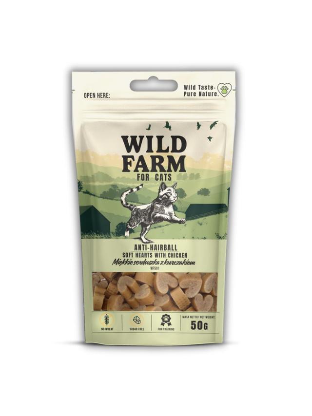 WILD FARM anti-hairball miękkie serca z kurczaka 50g przysmak dla kota