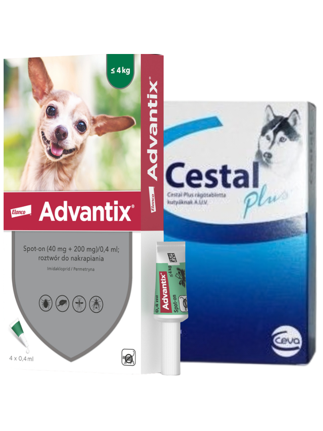 Advantix - dla psów do 4kg (4 pipety x 0,4ml)+ Cestal Dog Plus tabletki na odrobaczanie psów 2 sztuki
