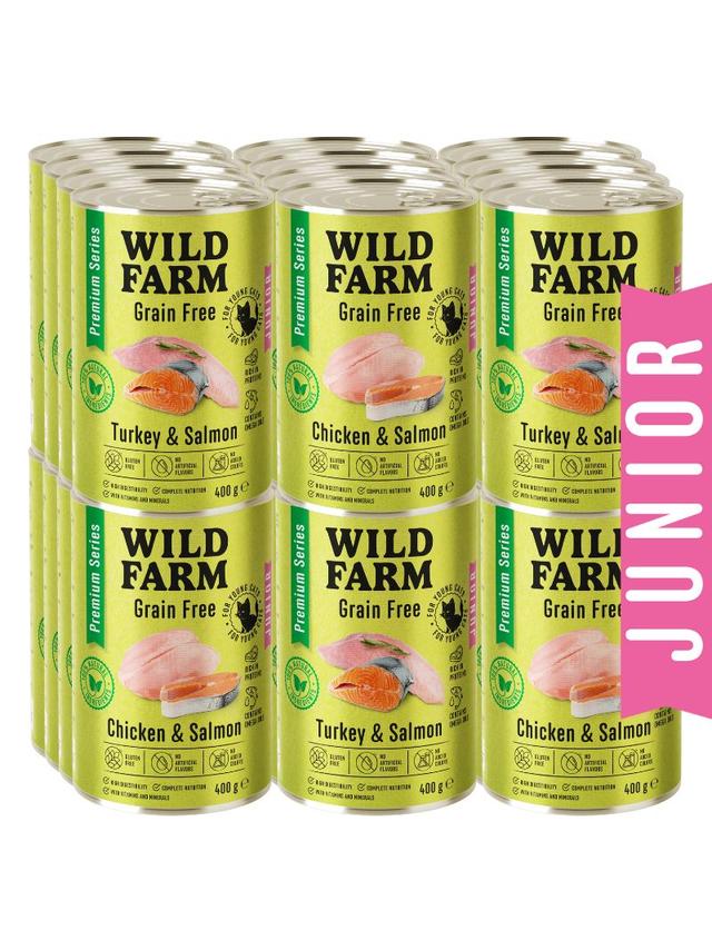 WILD FARM Premium Grain Free Turkey and Salmon / Chicken and Salmon Junior 24x400g  - bezzbożowa karma dla kociąt