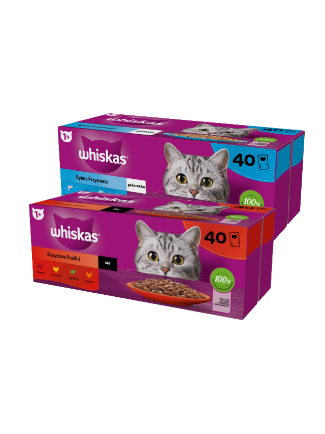 WHISKAS Adult saszetki 40 x 85 g Rybne Przysmaki - mokra karma dla dorosłego kota, w galaretce + WHISKAS Adult saszetki 40 x 85 g Klasyczne Posiłki