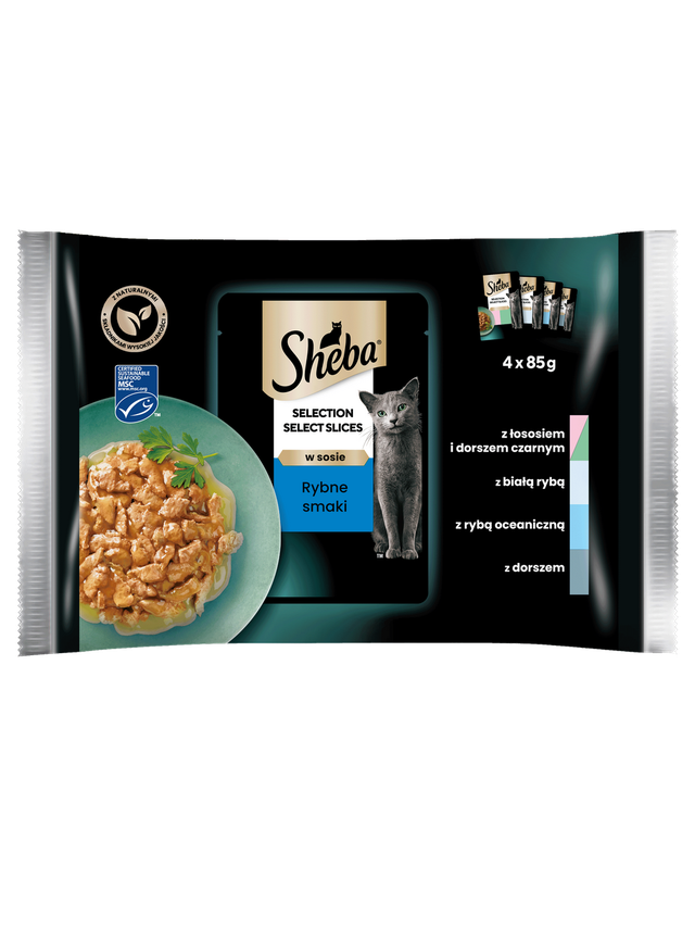 SHEBA Selection Select Slices Rybne Smaki saszetki 4x85 g – mokra karma pełnoporcjowa dla dorosłych kotów, w sosie (kawałki z: łososiem i dorszem czarnym, białą rybą, rybą oceaniczną, dorszem)