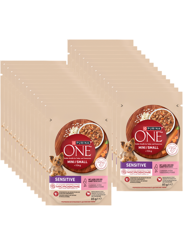 PURINA ONE Sensitive Mini/Small Karma dla dorosłych psów z łososiem i ryżem i marchewką w sosie 26x85g