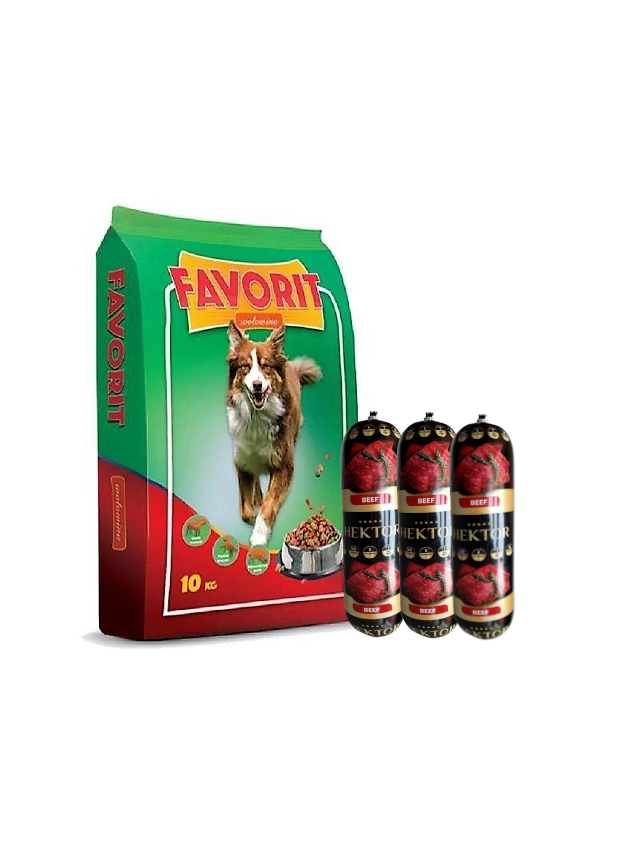 Favorit Karma sucha dla psa z wołowiną 10kg + Karma Premium Hektor baton dla psa z wołowiną 3x900g