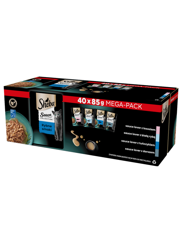 SHEBA Sauce Collection Rybne Smaki saszetki 40x85 g – mokra karma pełnoporcjowa dla dorosłych kotów, w sosie