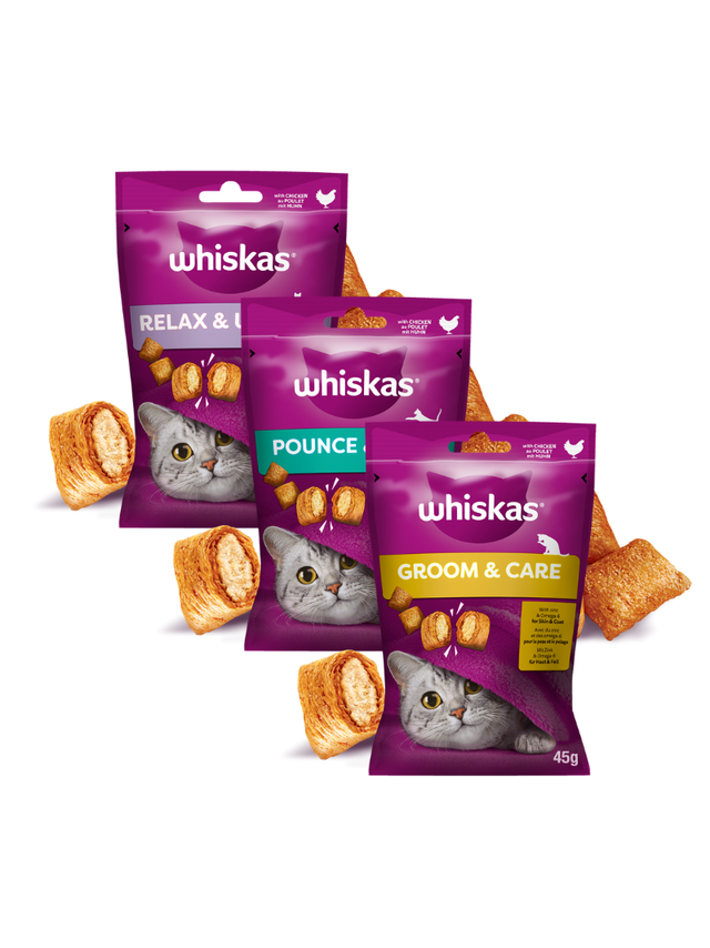 WHISKAS (Zdrowy Blask,Energia i Witalność,Relaks i Odprężenie) 3x45g - przysmak dla kota, z kurczakiem