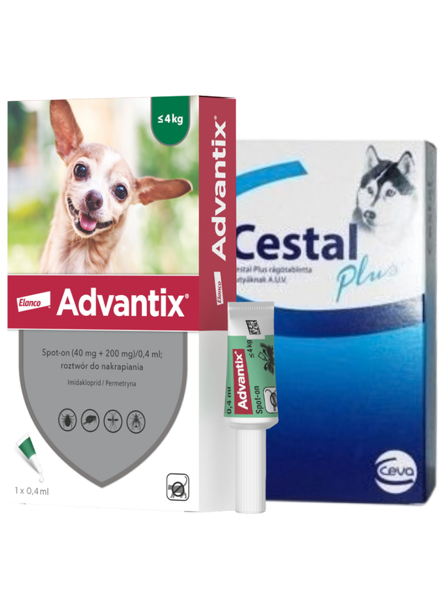 Advantix - dla psów do 4kg (pipeta 0,4ml)+ Cestal Dog Plus tabletki na odrobaczanie psów 2 sztuki