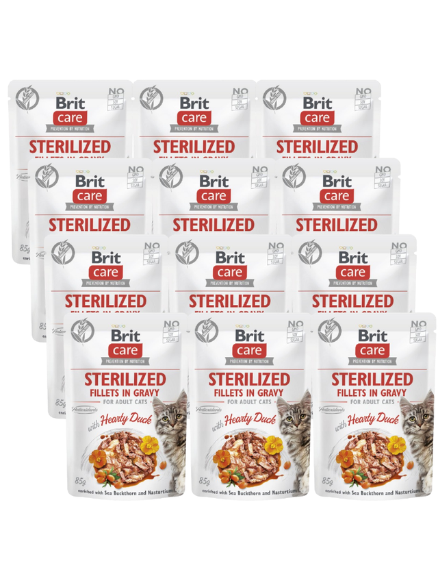 BRIT CARE Cat Sterilized Fillets in Gravy with Hearty Duck Enriched with Sea Buckthorn and Nasturtium 12x85g