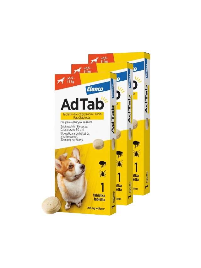 ELANCO 3xAdTab 225mg tabletki na pchły i kleszcze dla psów >5,5 - 11 kg