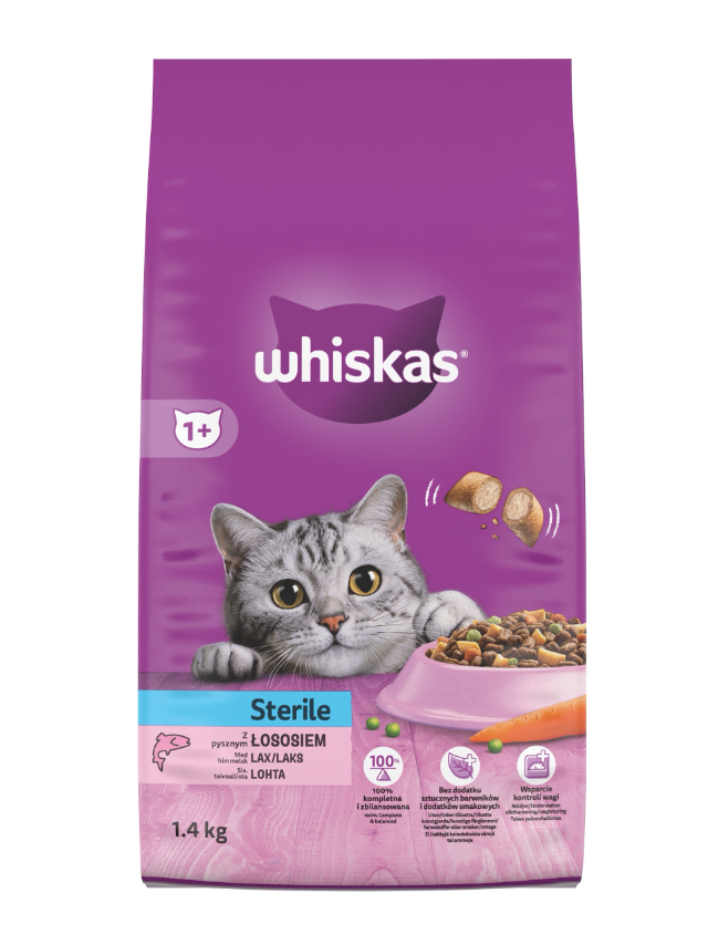 WHISKAS Sterile 1,4 kg sucha karma pełnoporcjowa dla dorosłych kotów po zabiegu kastracji z pysznym łososiem