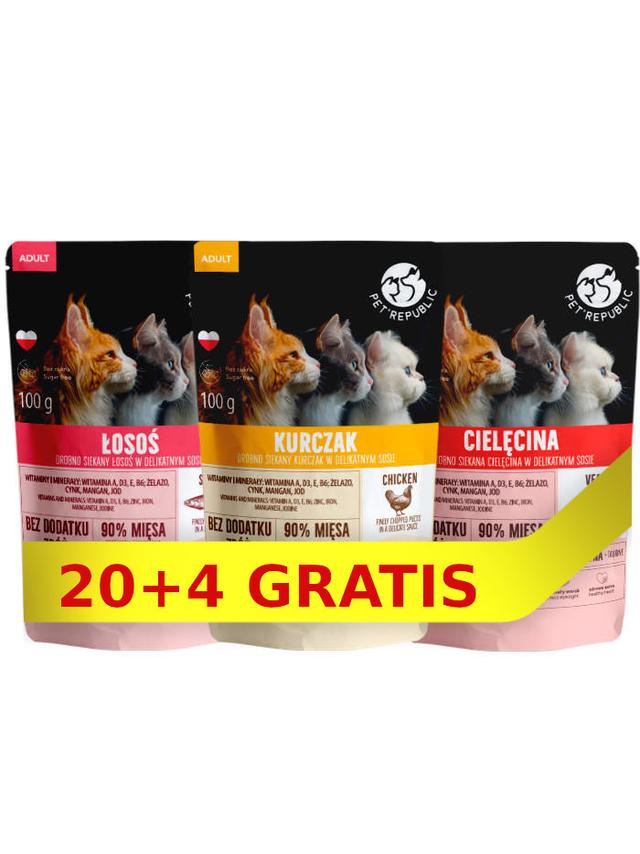 PetRepublic drobno siekane kawałki w delikatnym sosie kurczak,cielęcina,łosoś 24x100g dla kota
