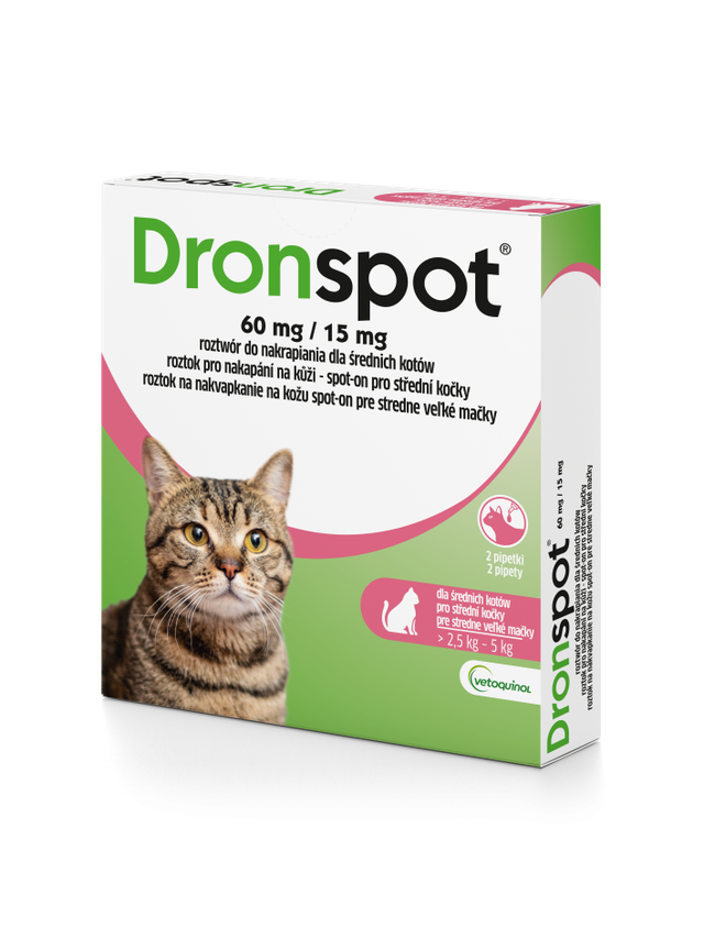 VETOQUINOL Dronspot - roztwór do nakrapiania dla średnich kotów o masie ciała od 2,5 do 5kg (2x0,7ml)