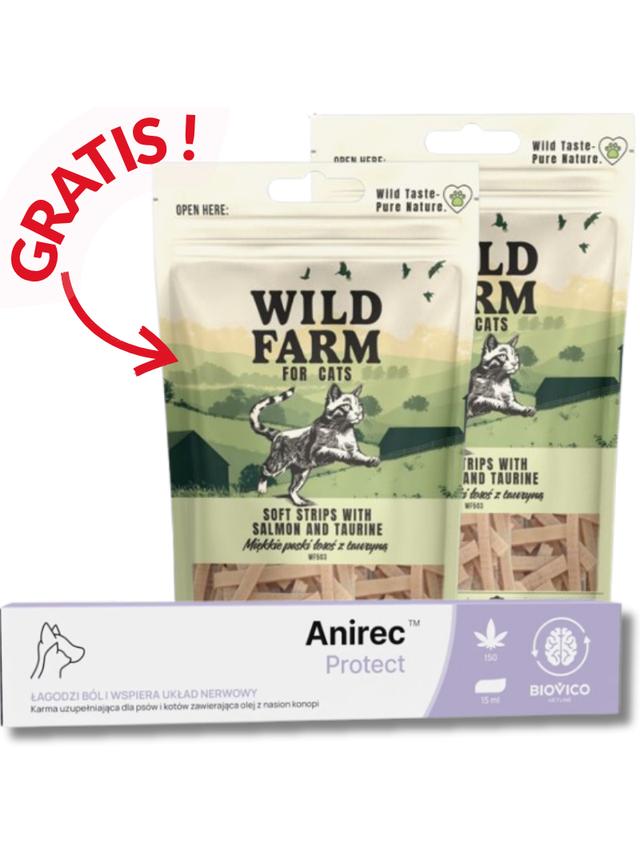 BIOVICO Anirec Protect 15ml pasta CBD olej konopny dla psa i kota 15ml+ GRATIS WILD FARM miękkie paski łosoś z tauryną 2x50g