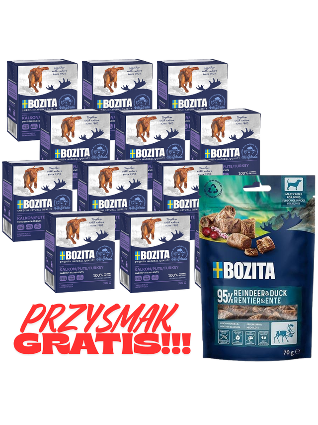 BOZITA Dog: Indyk w galarecie 12x370g + BOZITA Meaty Bites renifer z kaczką przysmak pies 70g GRATIS!!!