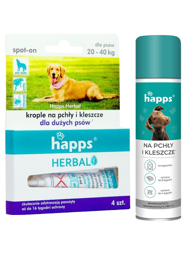 HAPPS Herbal - krople na pchły i kleszcze dla dużych psów 20-40kg + HAPPS -Aerozol na pchły i kleszcze 250ml
