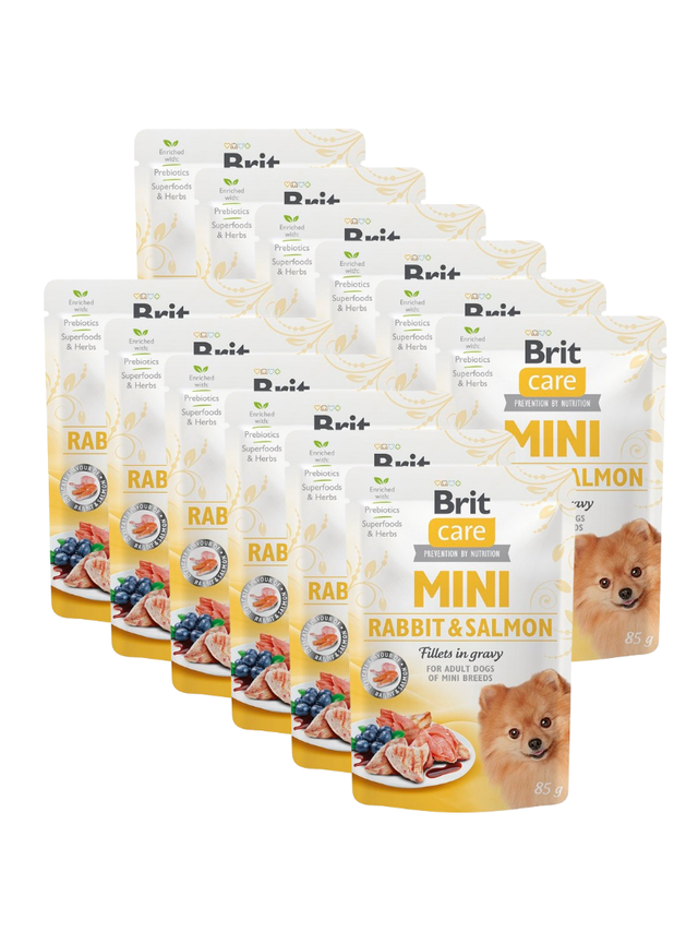 Brit Care Mini Rabbit & Salmon fillets in gravy 12x85g
