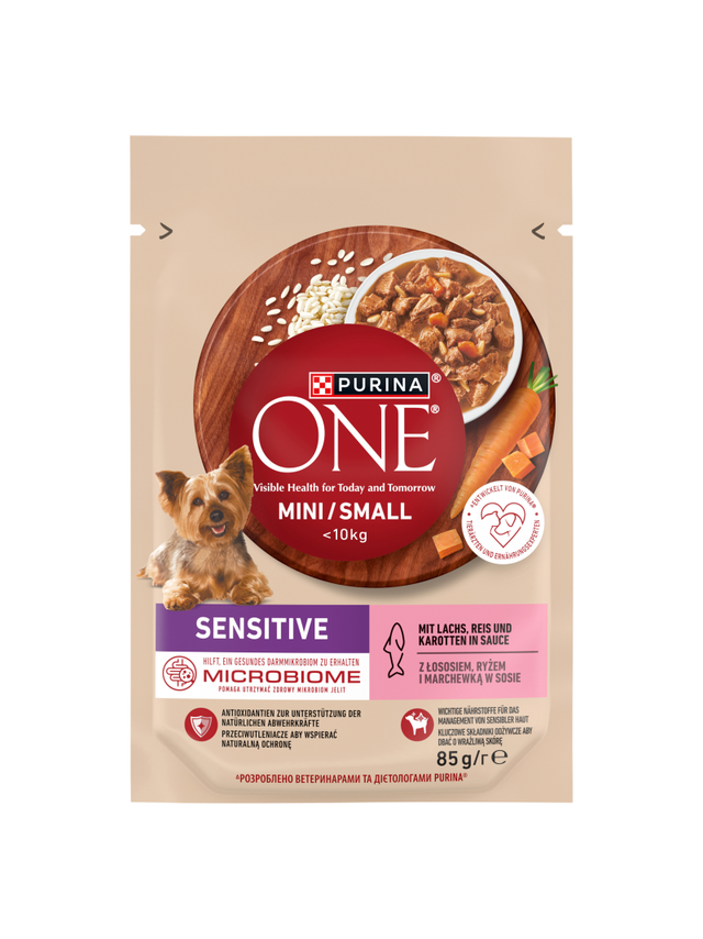 PURINA ONE Sensitive Mini/Small Karma dla dorosłych psów z łososiem i ryżem i marchewką w sosie 85g