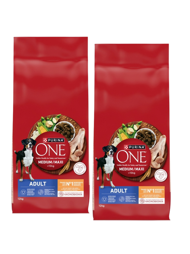 PURINA ONE Adult Medium/Maxi Karma dla dorosłych psów bogata w kurczaka z ryżem 2x12 kg