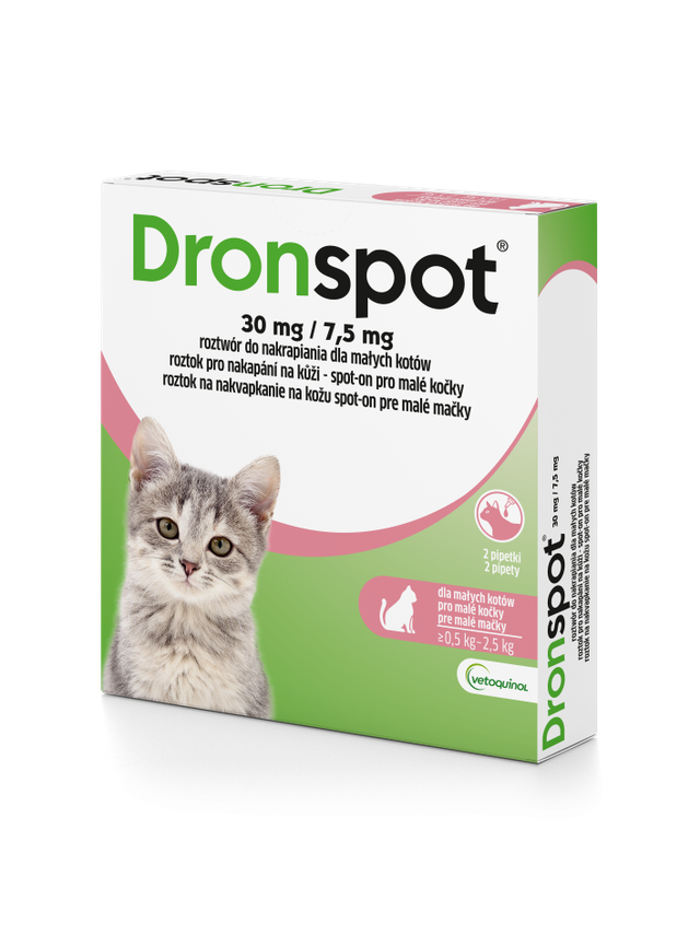 VETOQUINOL Dronspot Roztwór Do Nakrapiania Dla Małych Kotów o masie ciała od 0,5kg do 2,5kg 30mg/7,5mg (2x0,35ml)