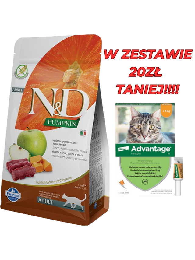 Farmina N&D Pumpkin feline VENISON, PUMPKIN AND APPLE RECIPE 5kg + Advantage - dla kotów (0,4mlx4) *roztwór* blister