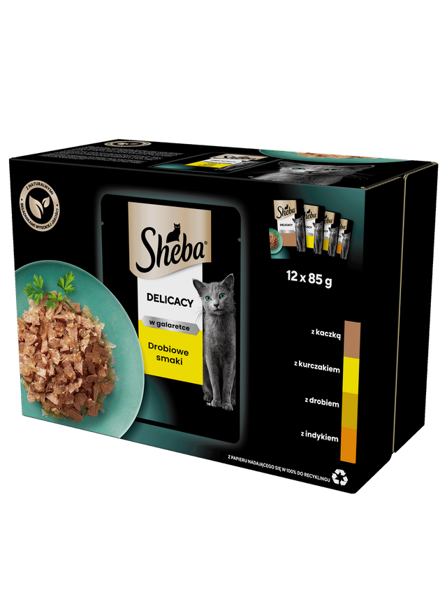 SHEBA Delicacy Drobiowe Smaki saszetki 12x85 g – mokra karma pełnoporcjowa dla dorosłych kotów, w galaretce (kawałki z: kaczką, kurczakiem, drobiem, indykiem)
