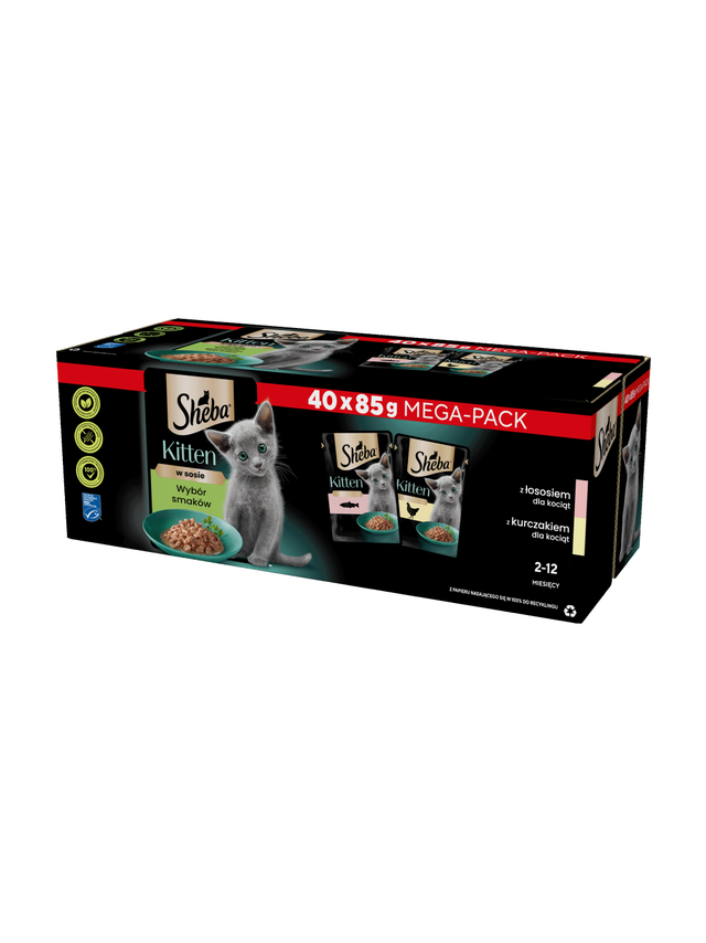 SHEBA Kitten Wybór Smaków saszetki 40x85 g – mokra karma pełnoporcjowa dla kociąt, w sosie (kawałki z: łososiem, kurczakiem)