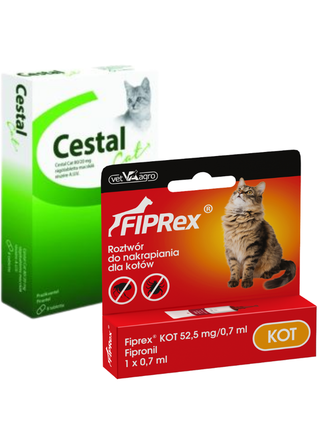 Fiprex KOT, 52,5 mg/0,7 ml, roztwór do nakrapiania dla kotów+ Cestal Cat tabletki na odrobaczanie kotów 2szt