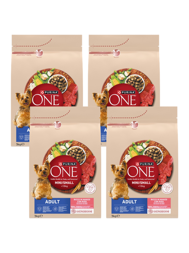 PURINA ONE Adult Mini/Small Karma dla dorosłych psów bogata w wołowinę z ryżem 4x3 kg