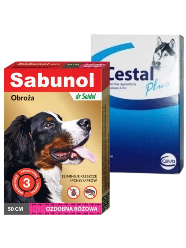 Sabunol ozdobna różowa obroża przeciw pchłom i kleszczom dla psa 50 cm+ Cestal Dog Plus tabletki na odrobaczanie psów 2 sztuki