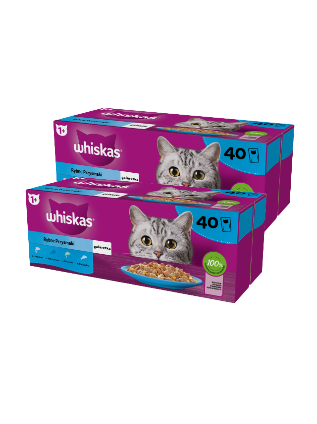 WHISKAS Adult saszetki 80 x 85 g Rybne Przysmaki - mokra karma dla dorosłego kota, w galaretce (kawałki z: łososiem, tuńczykiem, dorszem, białą rybą)