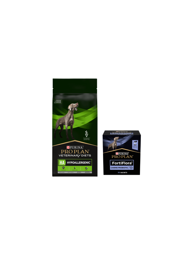 PRO PLAN Veterinary Diets  HA Hypoallergenic Karma sucha dla psa 11kg+ PRO PLAN FortiFlora Suplement probiotyczny dla psa 30 x 1 g