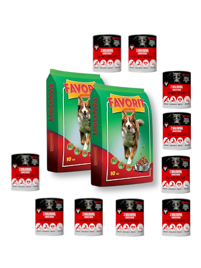 Favorit Karma sucha dla psa z wołowiną 2x10kg + Mr.BIG kawałki w sosie z wołowiną 10x400g dla psa