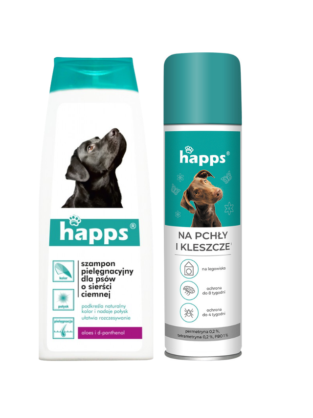 HAPPS - szampon pielęgnacyjny dla psów o sierści ciemnej 200ml + HAPPS -Aerozol na pchły i kleszcze 250ml