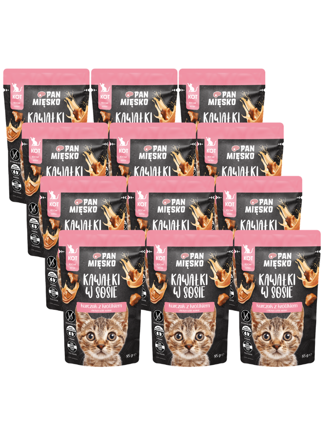 PAN MIĘSKO Kawałki w sosie Kurczak z królikiem 12x85g dla kociaka