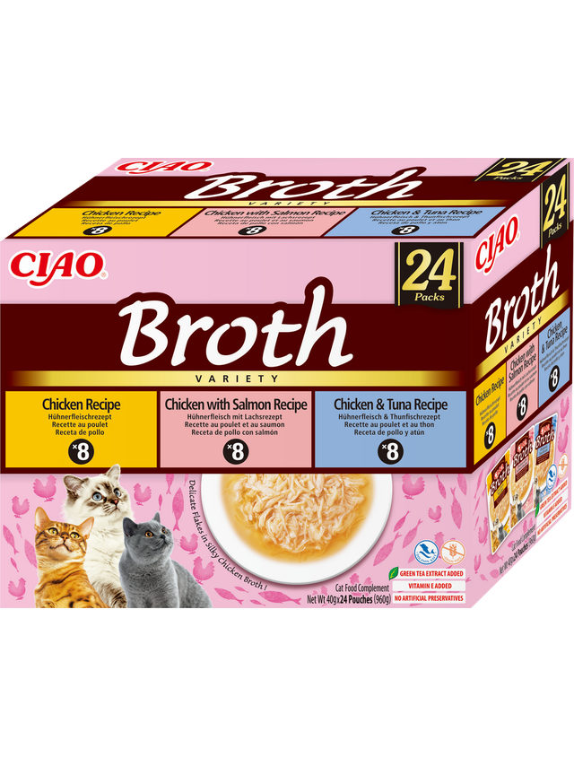 INABA Ciao Broth - karma uzupełniająca dla kota bulion o smaku kurczaka, łososia i tuńczyka 24x40g