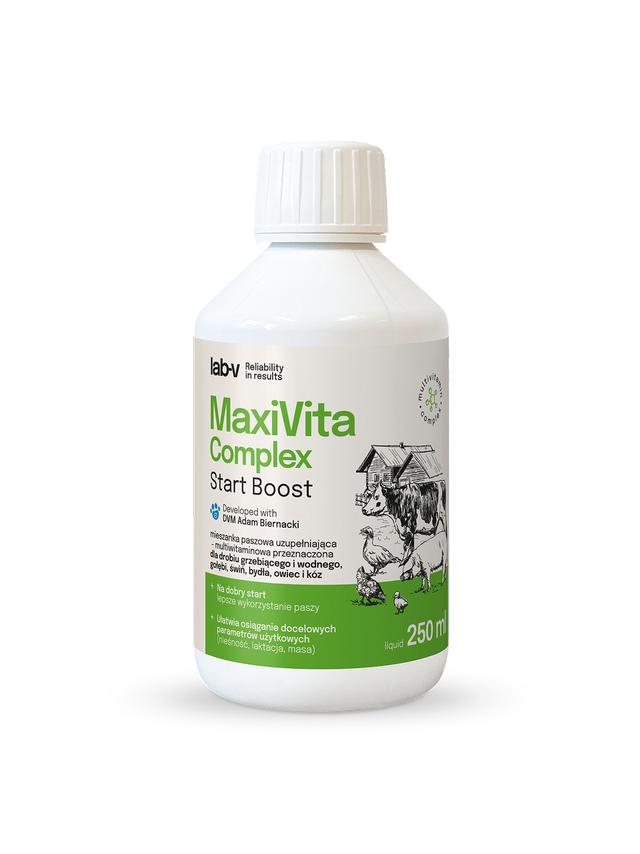 Lab-v MaxiVita Complex - mieszanka paszowa uzupełniająca – multiwitaminowa, w formie płynnej, przeznaczona dla drobiu grzebiącego, drobiu wodnego, gołębi, świń, bydła, owiec i kóz 250 ml